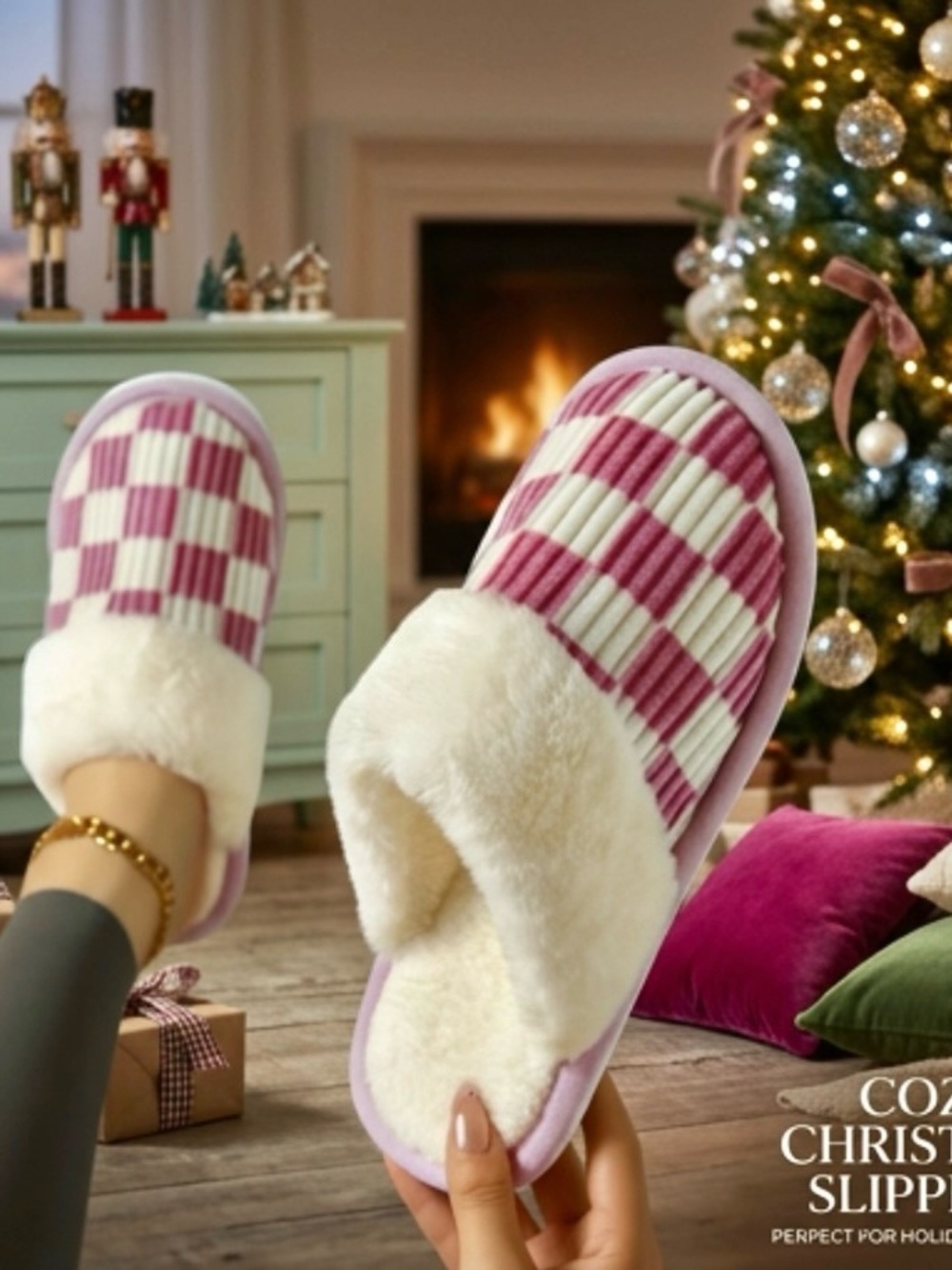 Cozy Pink Check Plush Lined Slippers